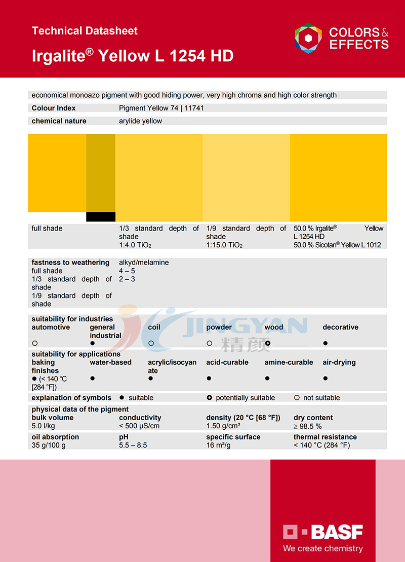 巴斯夫L1254HD單偶氮顏料黃TDS技術數據報告
