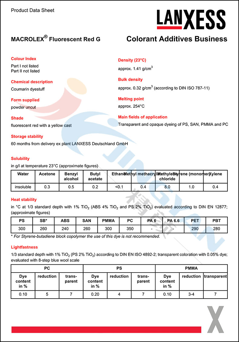 朗盛染料熒光紅G數(shù)據(jù)表