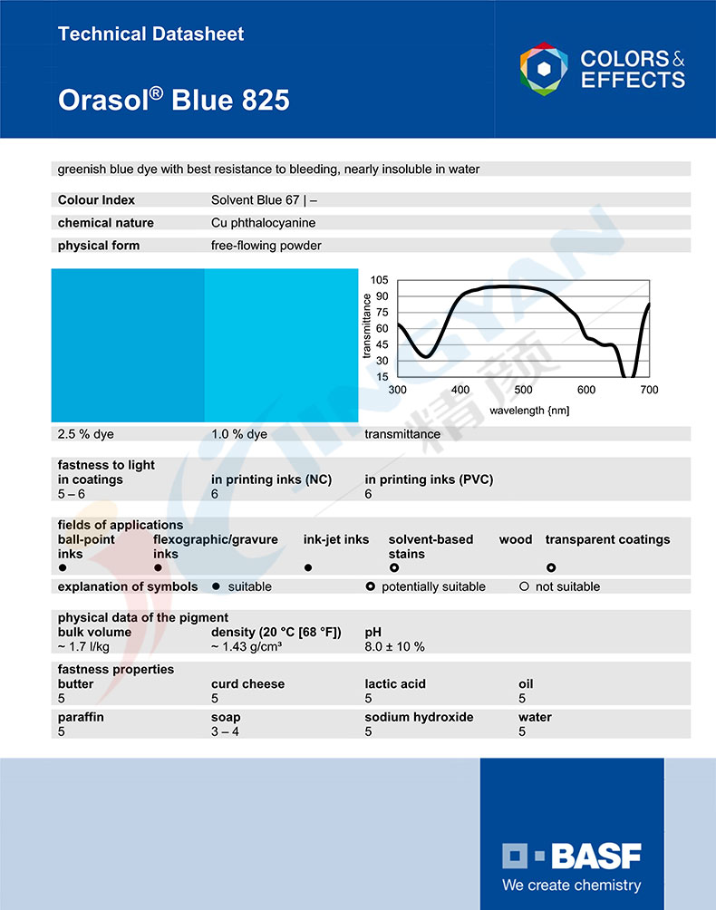 巴斯夫奧麗素825酞菁染料TDS技術數據表